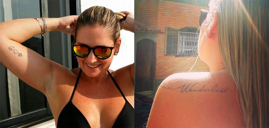 Carol Alvernaz fez essas duas tatuagens recentemente. Segundo ela, elas representam seu mais novo estilo de vida "Vou viajar mais ainda por esse mundão!" | Foto: Arquivo pessoal.