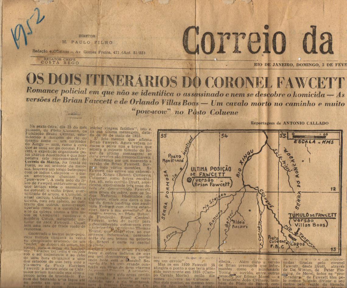 Reportagem sobre o Coronel Fawcett publicada no Jornal Correio da Manhã em 02-02-1952