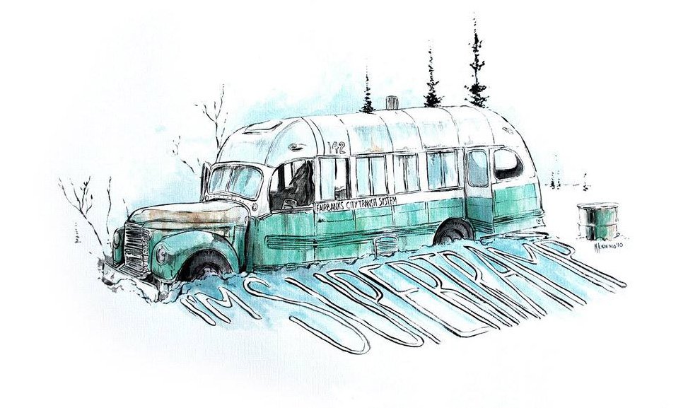 O ônibus abandonado onde Chris acampou segue na Stamped trail, no Alasca | Ilustração: (autor desconhecido)