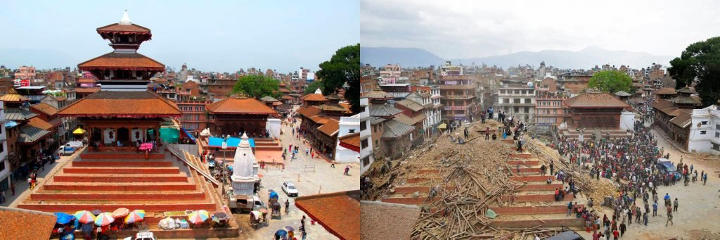 Maju Deval - Templo, construído em 1690, patrimônio Mundial da Unesco em Durbar Square, antes e depois do terremoto. 