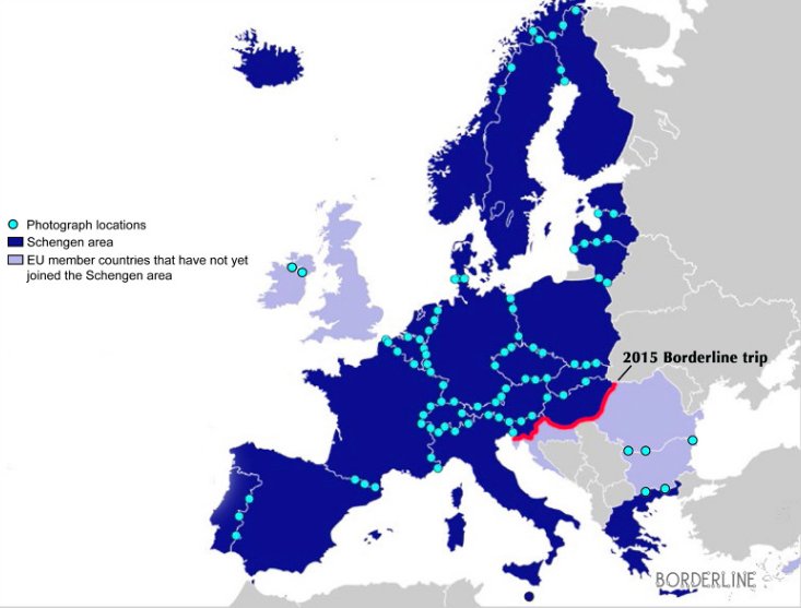 Os países em azul fazem parte do Espaço Schengen; os pontos em azul claro são dos lugares fotografados por Vincenzo | Foto: Reprodução.