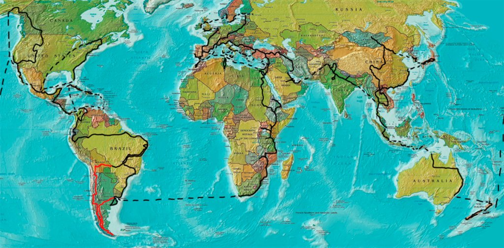 Mapa mostra o caminho já percorrido por Pablo (em preto) e o que ele está fazendo (em vermelho) | Foto: Reprodução.