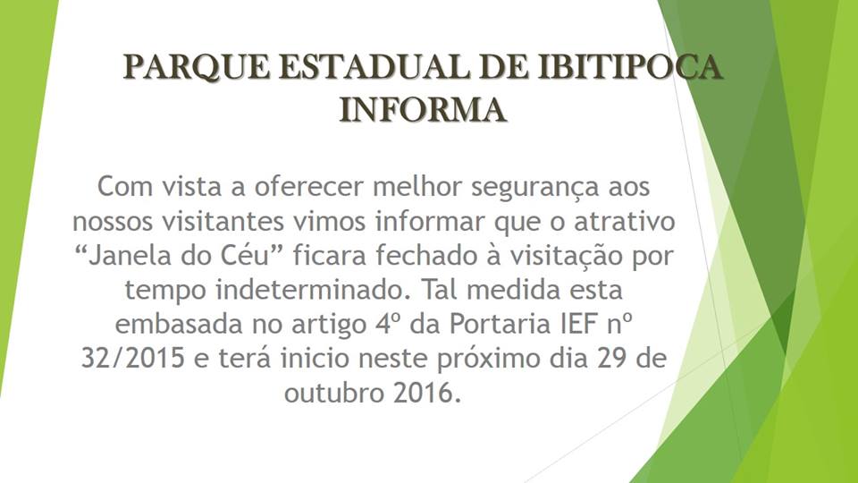 Acesso à "Janela do Céu" está proibido desde 29/10/2016 | Foto: Reprodução Facebook.