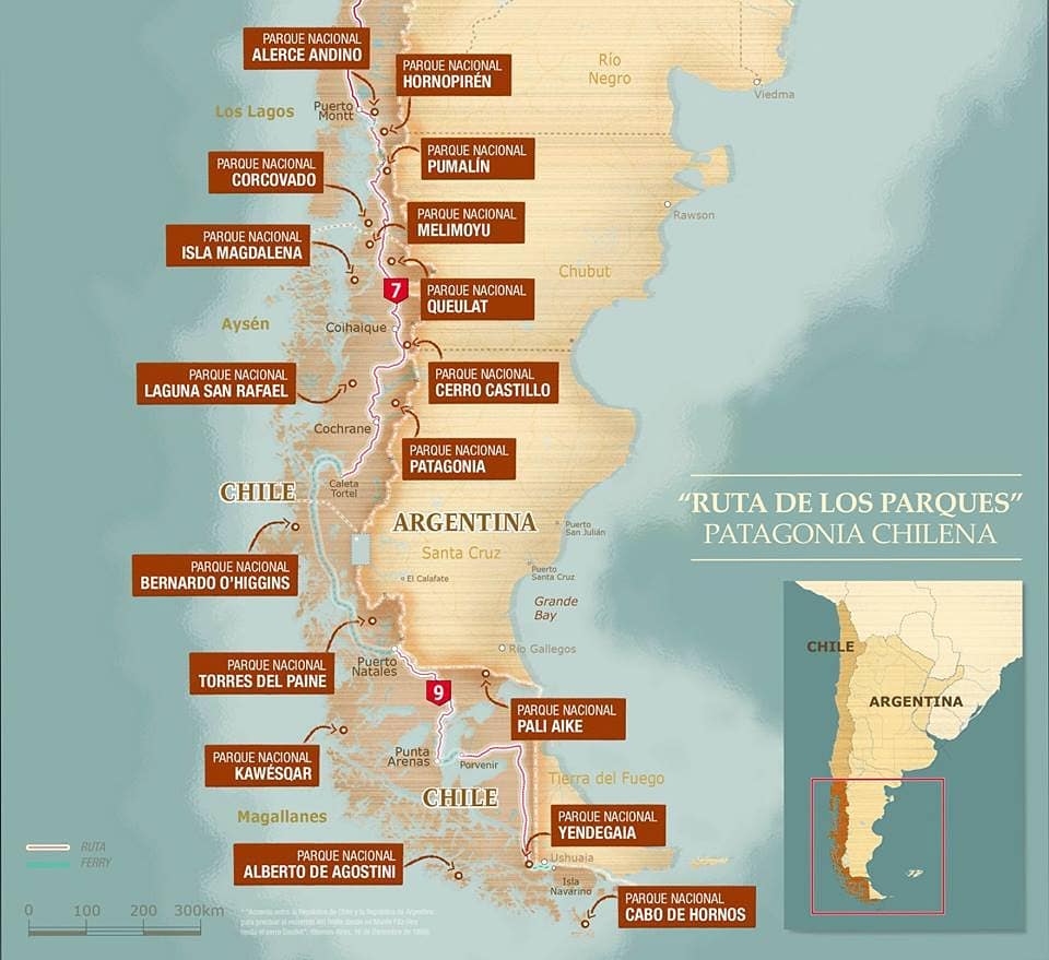 Mapa da Rota dos Parques da Patagônia