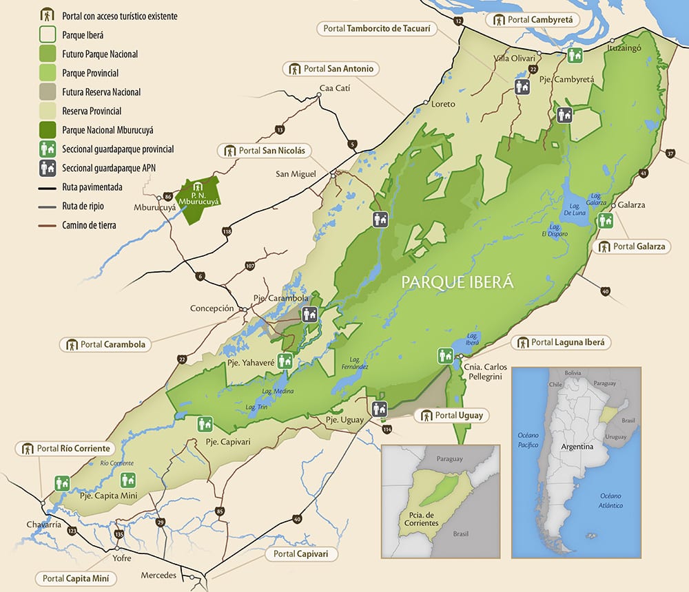 Mapa da área do Parque Nacional Iberá, em Corrientes - Argentina