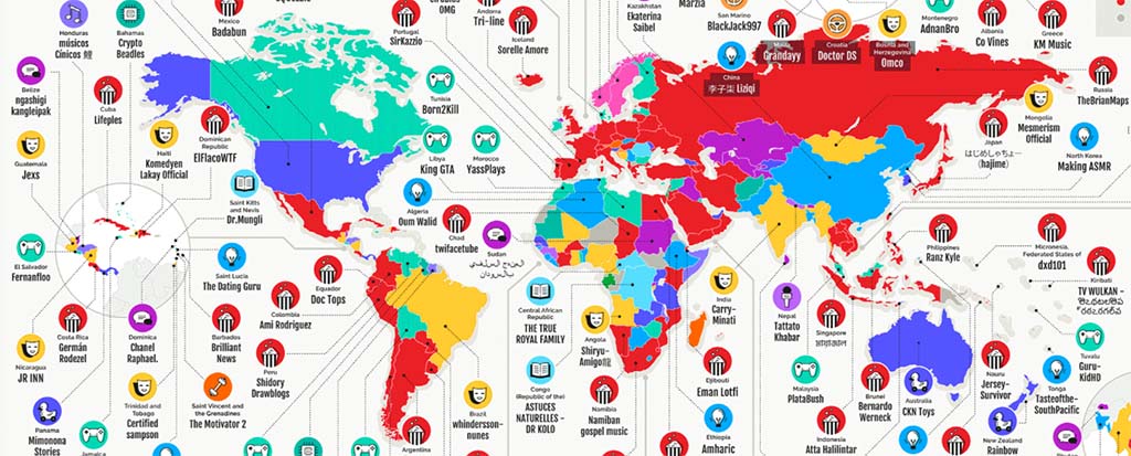 Mapa mostra qual é o canal do  mais popular em cada país 