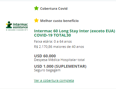 Seguro Viagem Europa: Intermac 60 Long Stay Inter (exceto EUA) COVID-19 TOTAL30