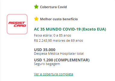 Seguro Viagem América do Sul - AC 35 MUNDO COVID-19 (Exceto EUA)