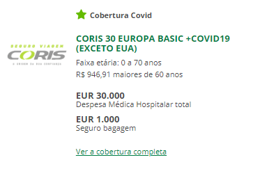 Seguro Viagem Europa: CORIS 30 EUROPA BASIC +COVID19 (EXCETO EUA)