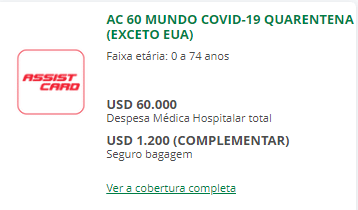Seguro Viagem Bolívia:  AC 60 MUNDO COVID-19 QUARENTENA (EXCETO EUA)
