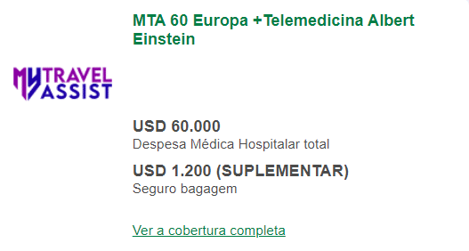 Seguro Viagem Europa: MTA 60 Europa +Telemedicina Albert Einstein 