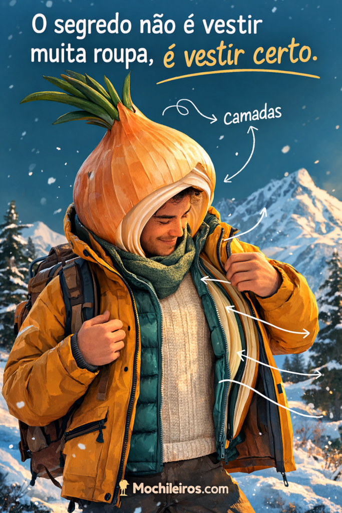 Ilustração de viajante na neve usando roupas de inverno em camadas, representando a importância do sistema de camadas para se manter aquecido no frio.