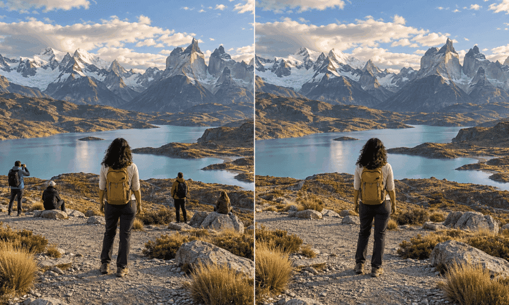 Comparação ilustrativa de foto de uma viajante diante de montanhas e lago, antes e depois da remoção de outras pessoas da paisagem.
