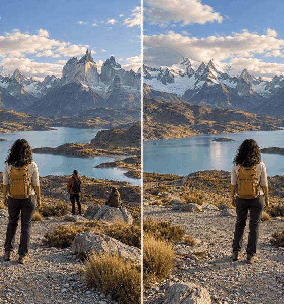 Comparação ilustrativa de foto de uma viajante diante de montanhas e lago, antes e depois da remoção de outras pessoas da paisagem.