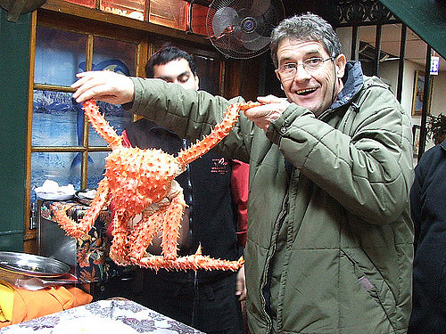 My father and Centolla - caranguejo gigante, South American King Crab -mercado municipal SAntiago