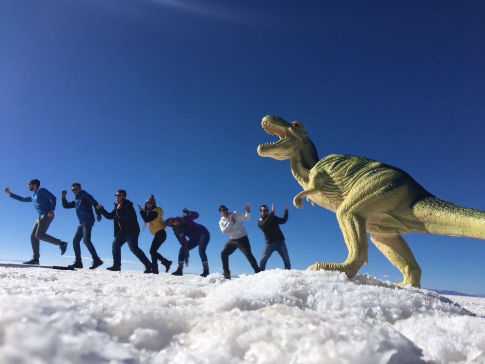 Foto clássica com o dinossauro