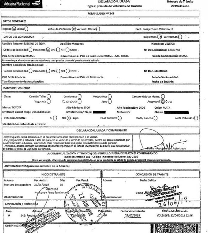 Permissao para entrada do veiculo na Bolivia.JPG